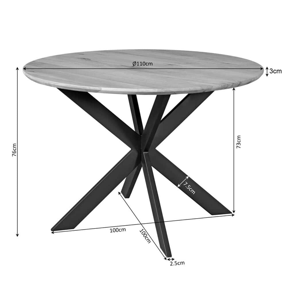 Robuuste ronde eettafel van massief hout met zwart metalen onderstel, perfect voor modern interieur en eetkamers. Handgemaakt meubel met ruime afmetingen voor gezellige diners en bijeenkomsten.