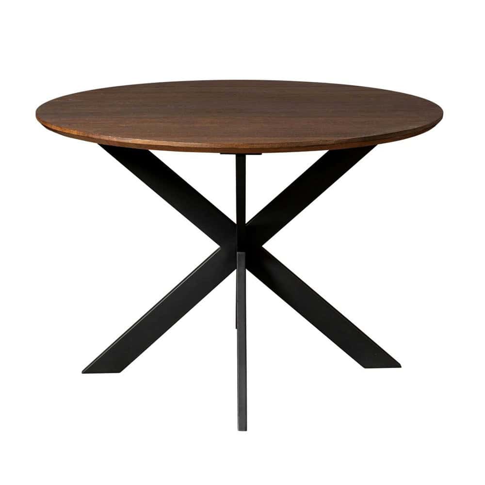 Elegante eettafel van massief hout met zwart metalen onderstel, perfect voor een modern interieur. Mokana Meubelen biedt stijlvolle en duurzame meubeloplossingen voor elke eetkamer.