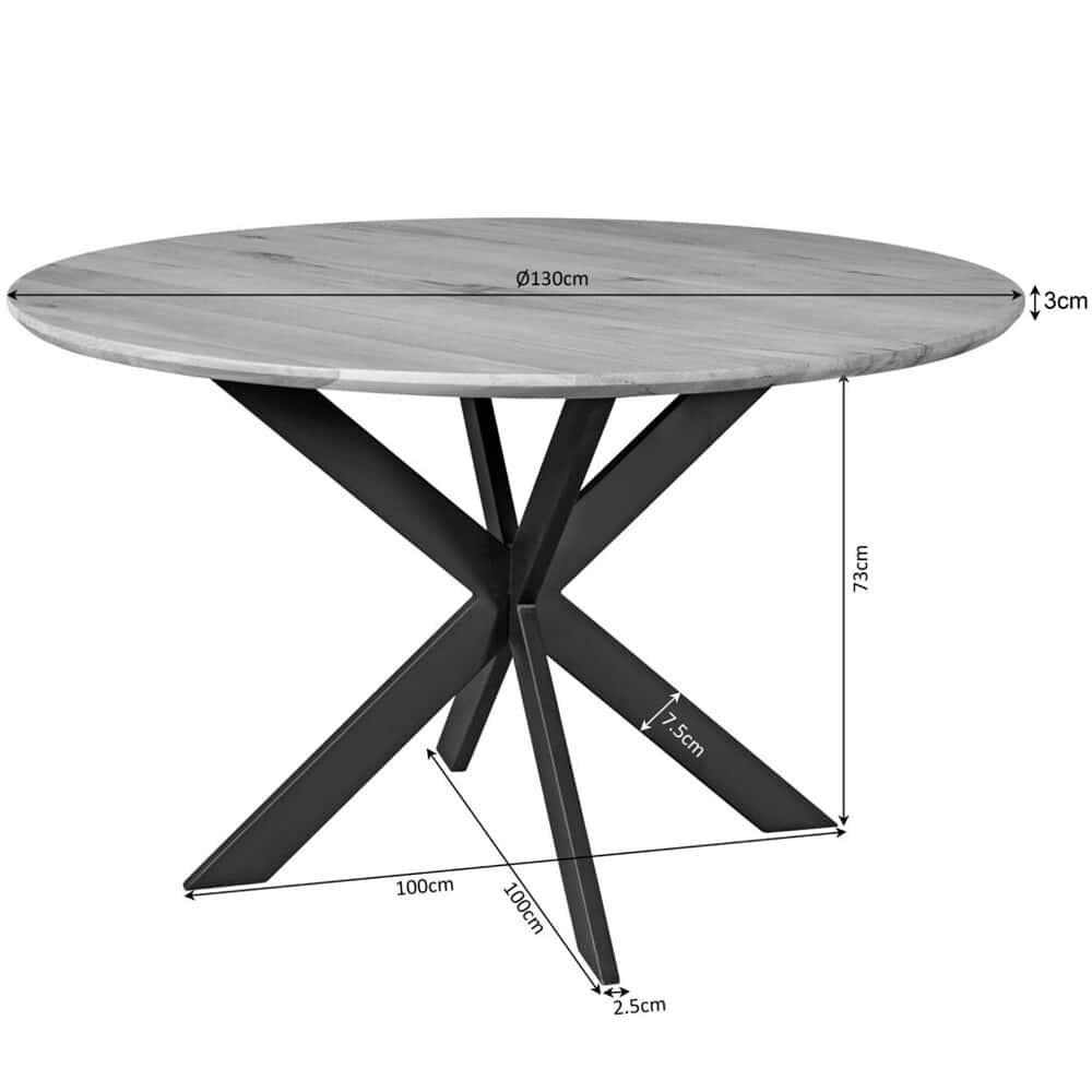 Eettafel van massief hout met zwart metalen onderstel, moderndesign, diameter 130cm, hoogte 73cm, ideaal voor eetkamers en woningen, hoogwaardige afwerking, Scandinavisch interieur.