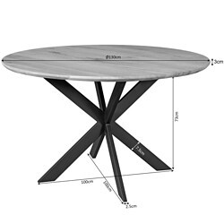 Eettafel van massief hout met zwart metalen onderstel, moderndesign, diameter 130cm, hoogte 73cm, ideaal voor eetkamers en woningen, hoogwaardige afwerking, Scandinavisch interieur.