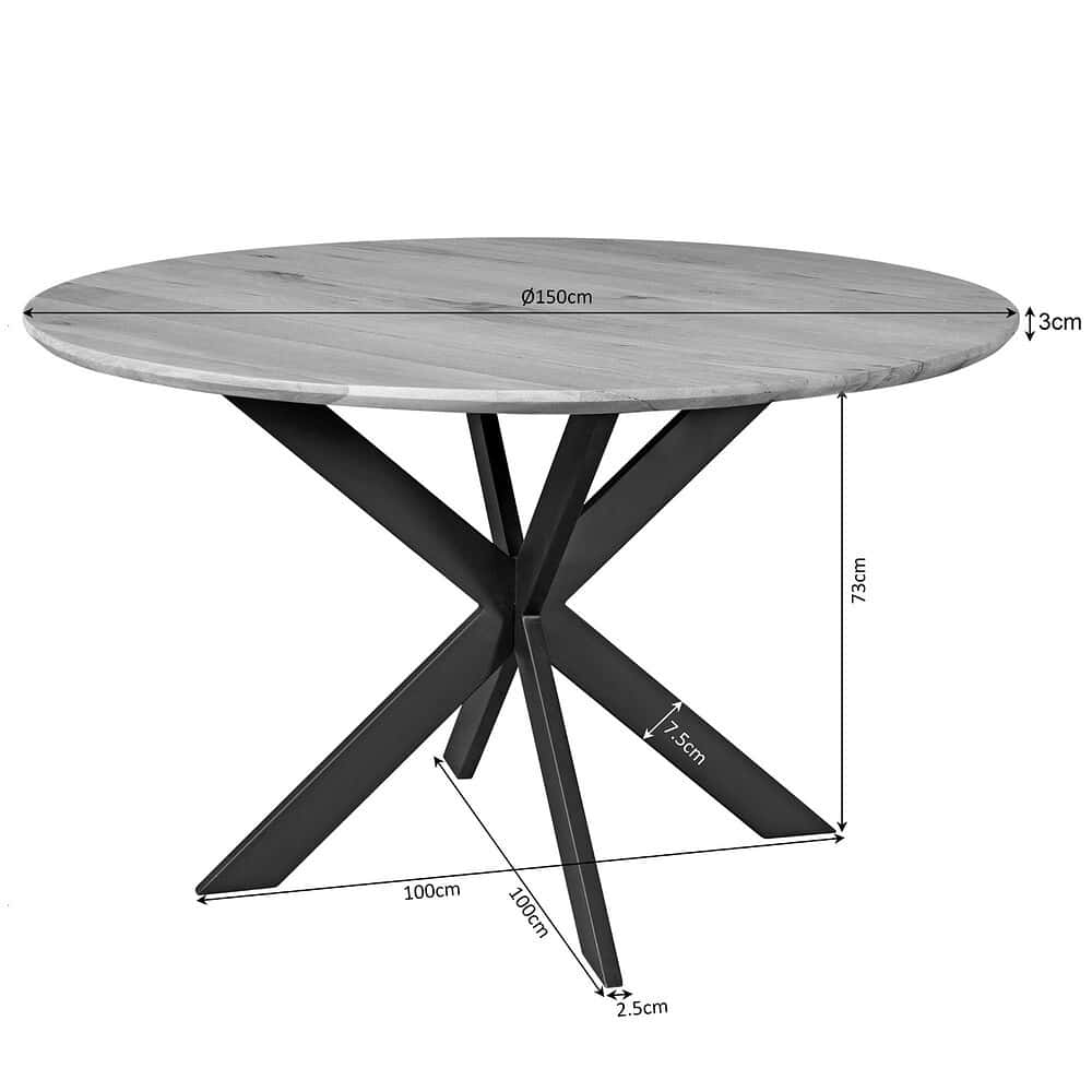 Elevated black en houten eettafel met ronde lichtgrijze eikenhouten blad, diameter 150 cm, wanddikte 3 cm, hoogte 73 cm, stevige X-vormige basis met poten van 7,5 cm dik, geschikt voor moderne eetkamers.