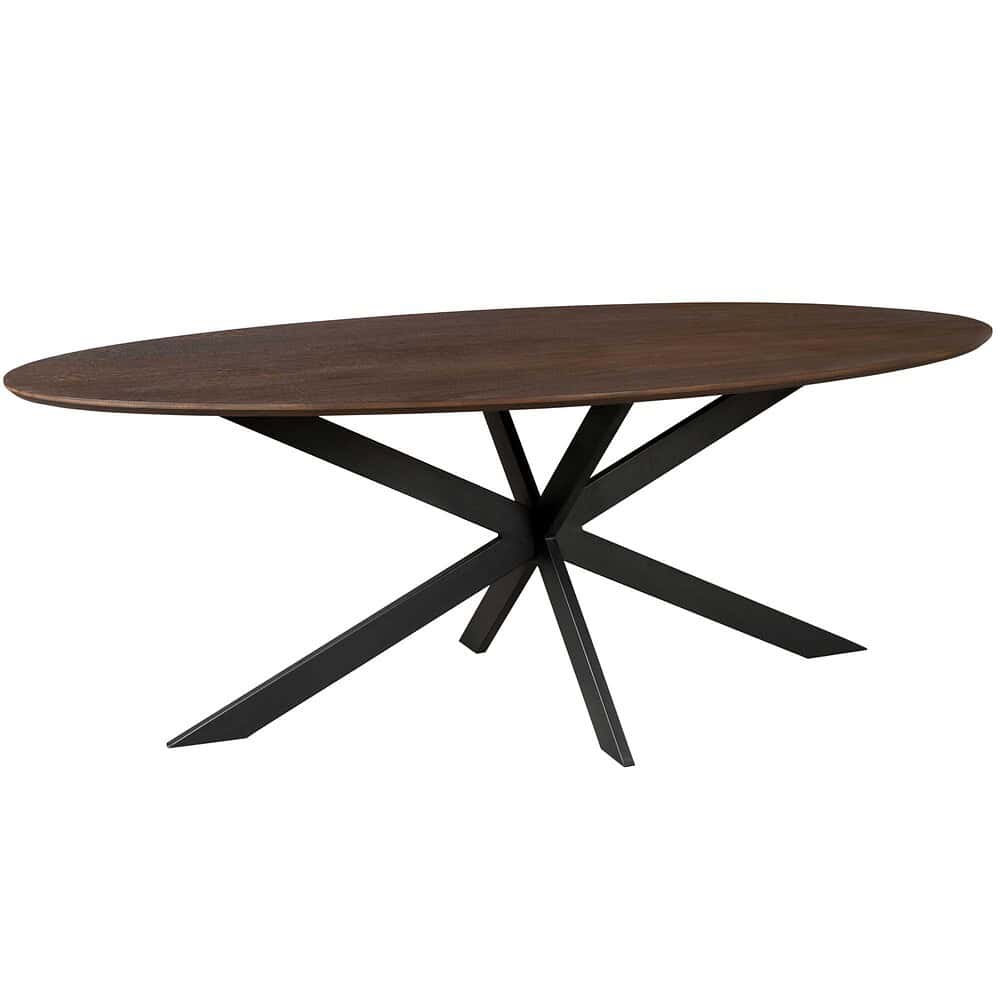 Elegante eettafel met een houten tafelblad en een sculpturale zwarte onderstructuur, perfect voor moderne en tijdloze interieurdecoratie.