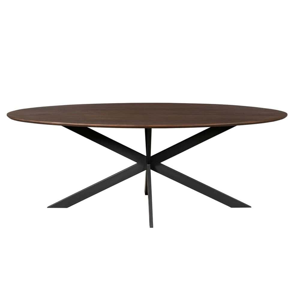 Eettafel met donker houten blad en zwart metalen onderstel, modern design, hoogwaardig kwaliteit, perfect voor woonkamer of eetkamer, maatwerk mogelijk, stijlvolle meubelkeuze.