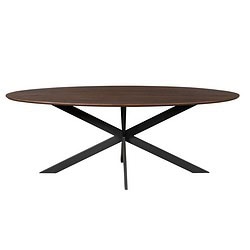 Eettafel met donker houten blad en zwart metalen onderstel, modern design, hoogwaardig kwaliteit, perfect voor woonkamer of eetkamer, maatwerk mogelijk, stijlvolle meubelkeuze.