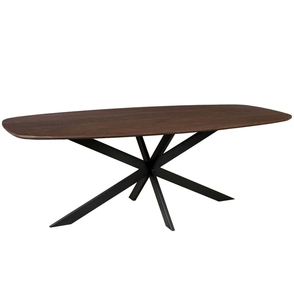 Elegante houten eettafel met zwart metalen onderstel, perfect voor moderne interieurs en gezellig dineren.