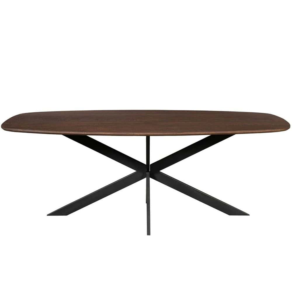 Elegante eetkamertafel van donker hout met moderne zwarte metalen onderstel, perfect voor een stijlvolle eetruimte of multifunctionele ruimte.