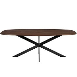 Elegante eetkamertafel van donker hout met moderne zwarte metalen onderstel, perfect voor een stijlvolle eetruimte of multifunctionele ruimte.