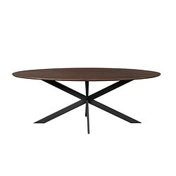 Modern eettafel met ronde eikenhouten blad en uniek zwart metalen onderstel, perfect voor een stijlvolle en functionele eetruimte.
