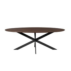 Moderne eettafel met zwart onderstel en warmte houten blad, perfect voor stijlvolle eetkamers en moderne interieurs.