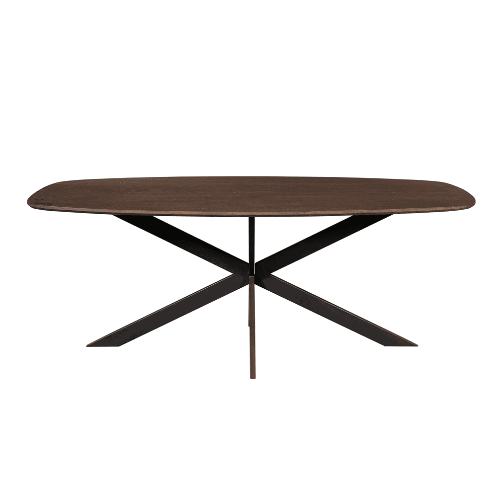 Elegante houten eettafel met zwart metalen kruisonderstel, perfect voor moderne en Scandinavische interieurs. Tijdloze en duurzame meubelstijl voor dagelijks gebruik en speciale gelegenheden.