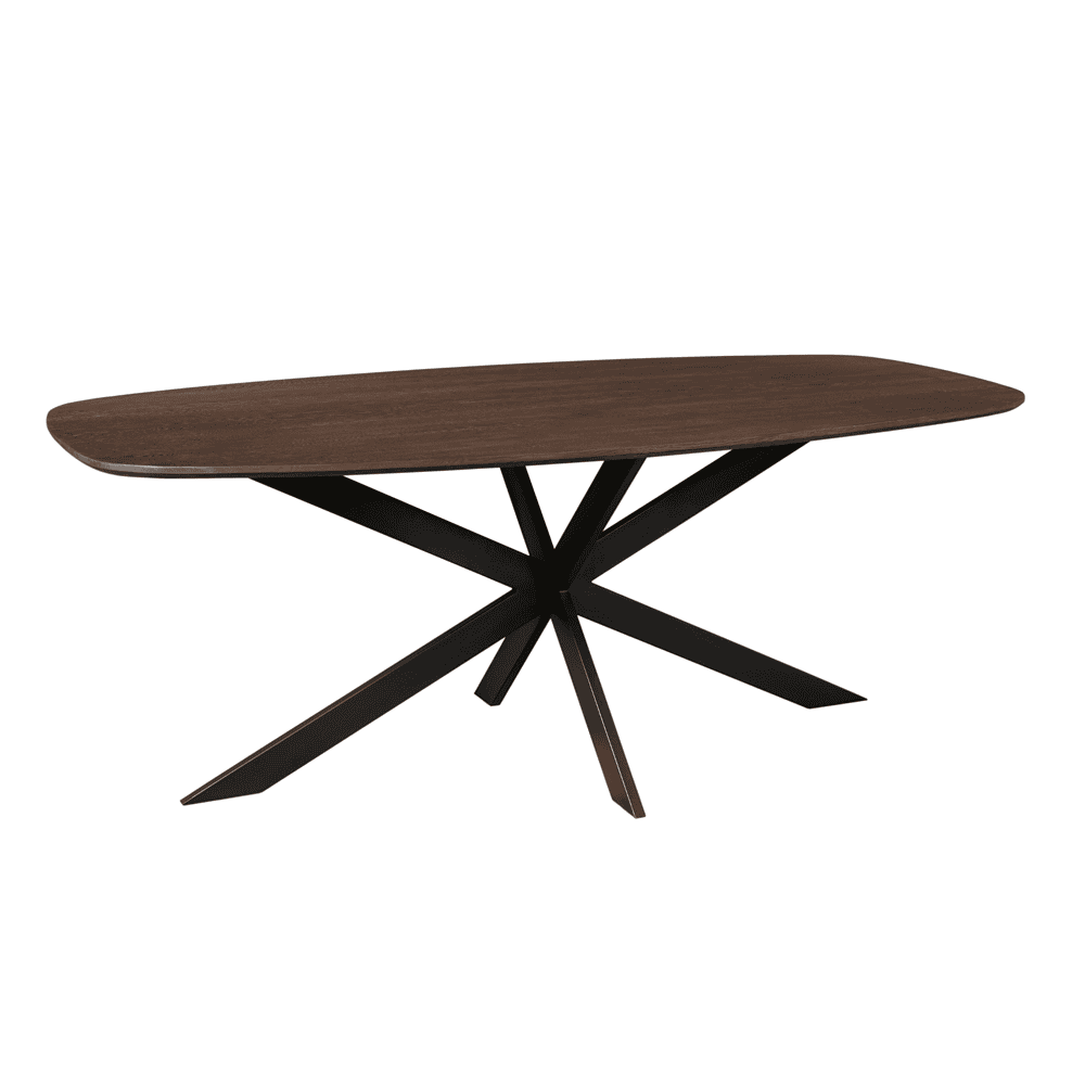 Elegant eettafel van donker massief eikenhout met moderne, zwarte metalen onderstel, ontworpen voor stijl en functionaliteit in elk interieur.