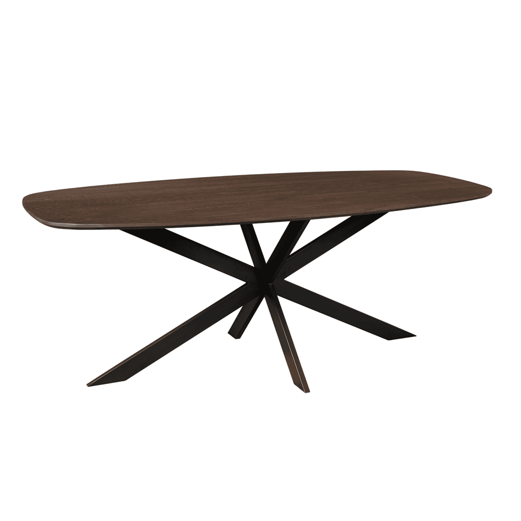 Elegant eettafel van donker massief eikenhout met moderne, zwarte metalen onderstel, ontworpen voor stijl en functionaliteit in elk interieur.