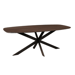 Elegant eettafel van donker massief eikenhout met moderne, zwarte metalen onderstel, ontworpen voor stijl en functionaliteit in elk interieur.