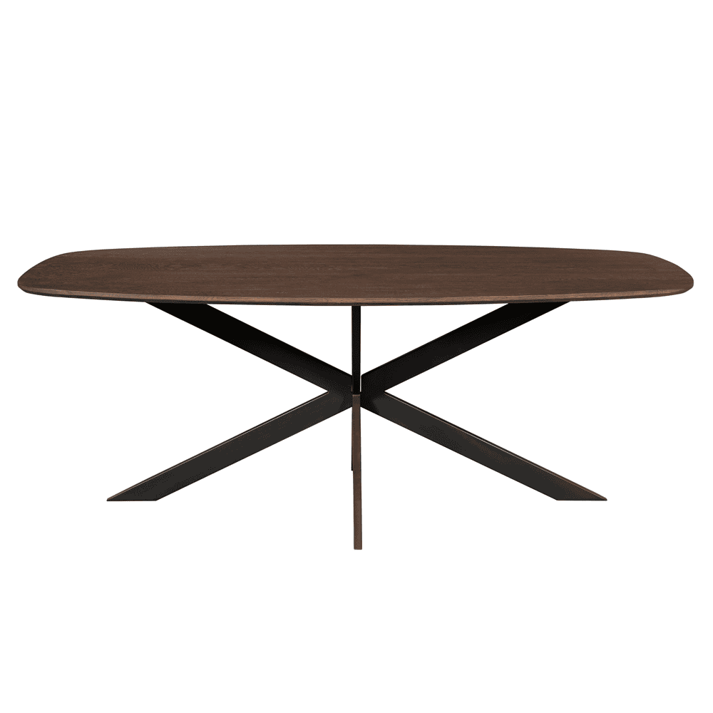 Elegante houten eettafel met zwart metalen onderstel, modern design en hoge kwaliteit voor stijlvol interieur.