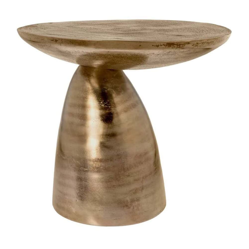 Elegant houten bijzettafel met goudkleurige finish, modern design voor stoere en warme interieuraccenten. Duurzaam en uniek, perfect voor in woonkamer of slaapkamer.