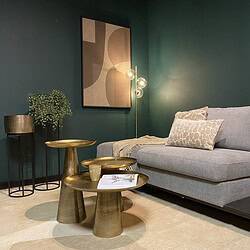 Modern woonkamer met comfortabele stoffen bank, goudkleurige bijzettafels en decoratieve muurkunst, stijlvolle interieur styling door Mokana Meubelen voor een luxe woonervaring.