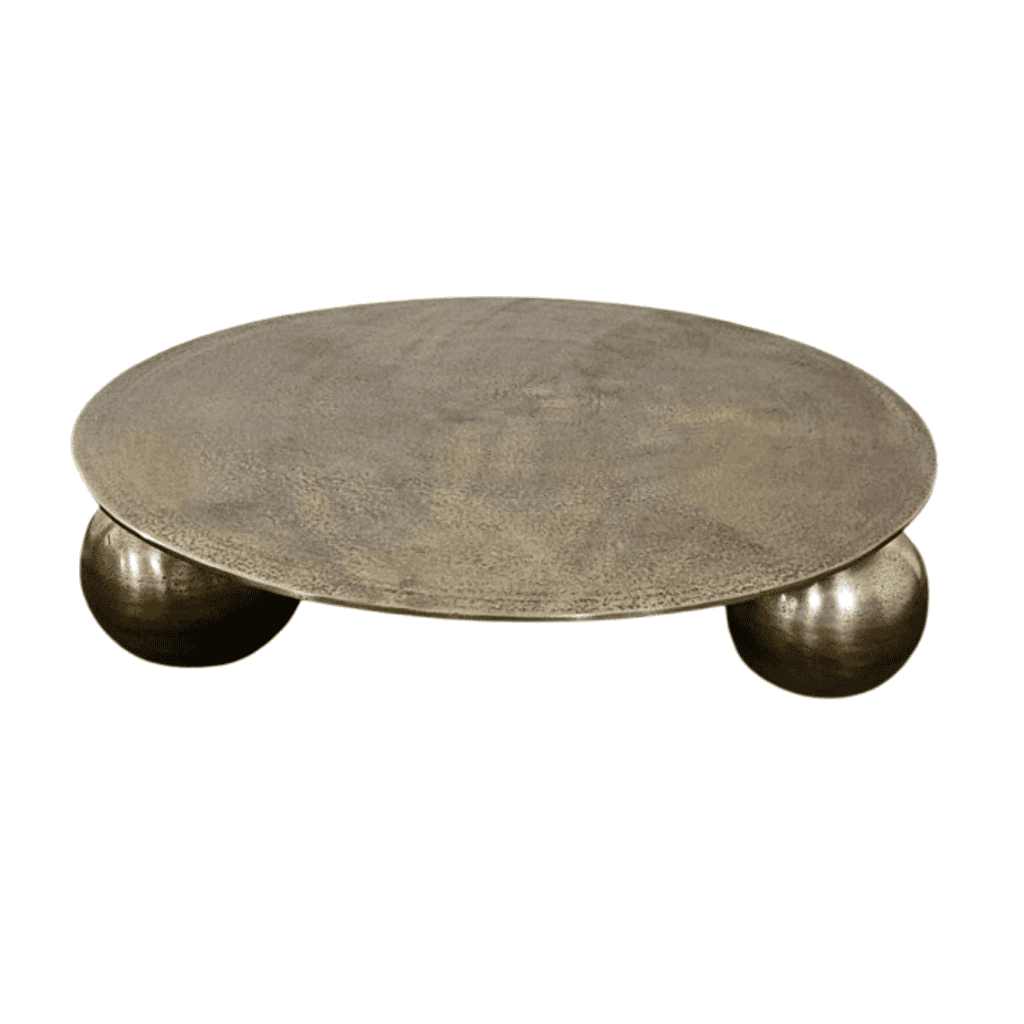 Ronde gouden salontafel met bolpoten, luxe en stijlvolle meubelkeuze, perfect voor modern interieur.