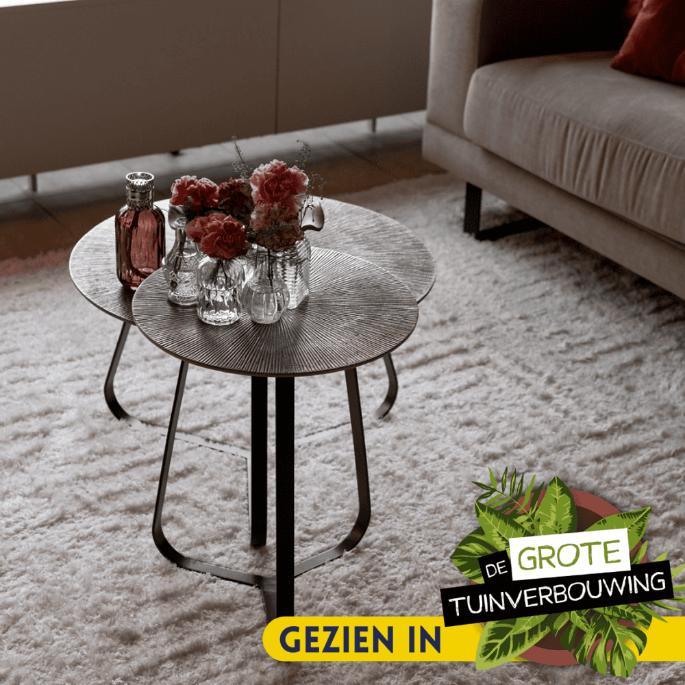 Elegant houten bijzettafels met metalen poten, ideaal voor woonkamer decoratie en bloemenvaasjes.