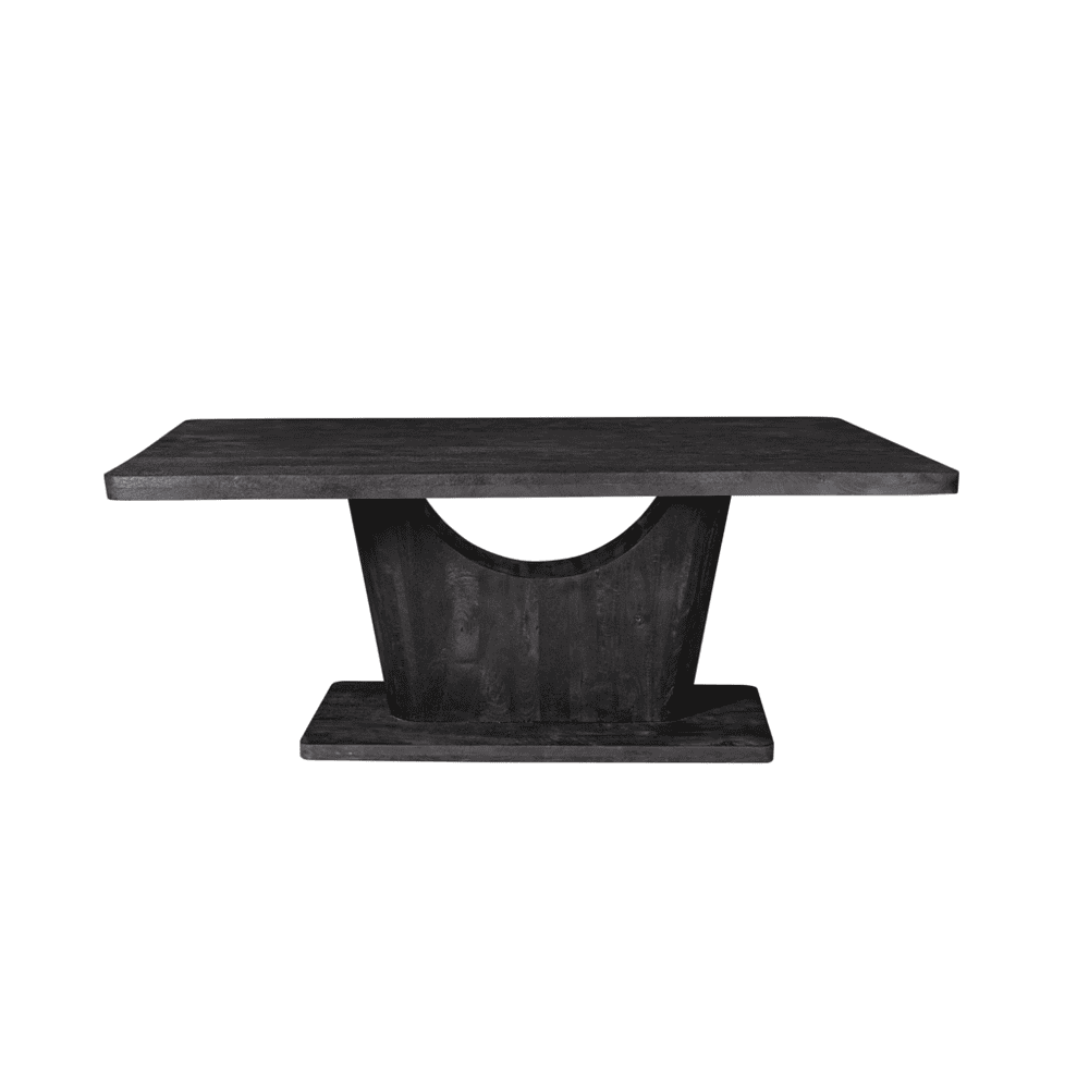 Robuust zwart houten eettafel met uniek design, perfect voor moderne interieurs en eetkamers. Handgemaakt en hoogwaardige afwerking voor duurzame en stijlvolle meubelen.