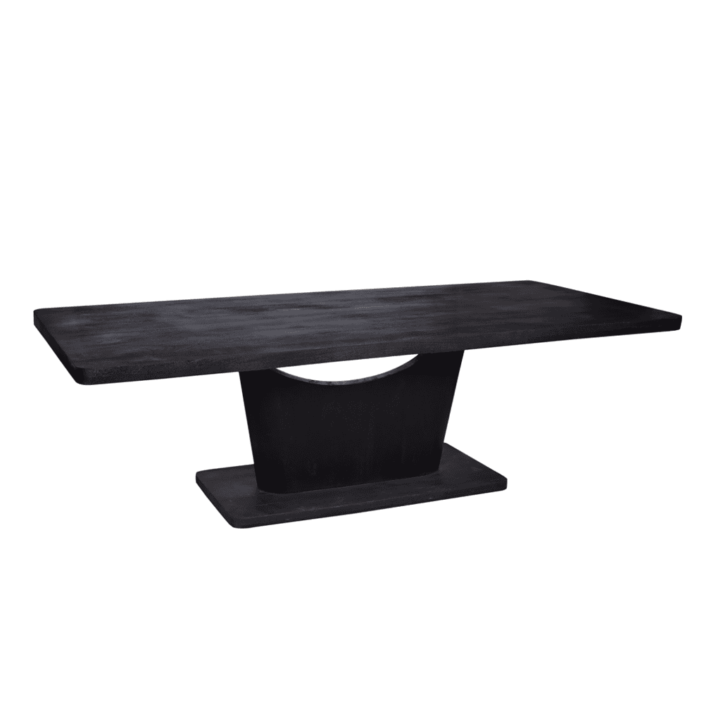 Hoogwaardige zwarte houten eettafel met uniek design en solide basis, modern meubelstuk voor eetkamer of vergaderruimte.