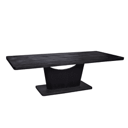 Hoogwaardige zwarte houten eettafel met uniek design en solide basis, modern meubelstuk voor eetkamer of vergaderruimte.