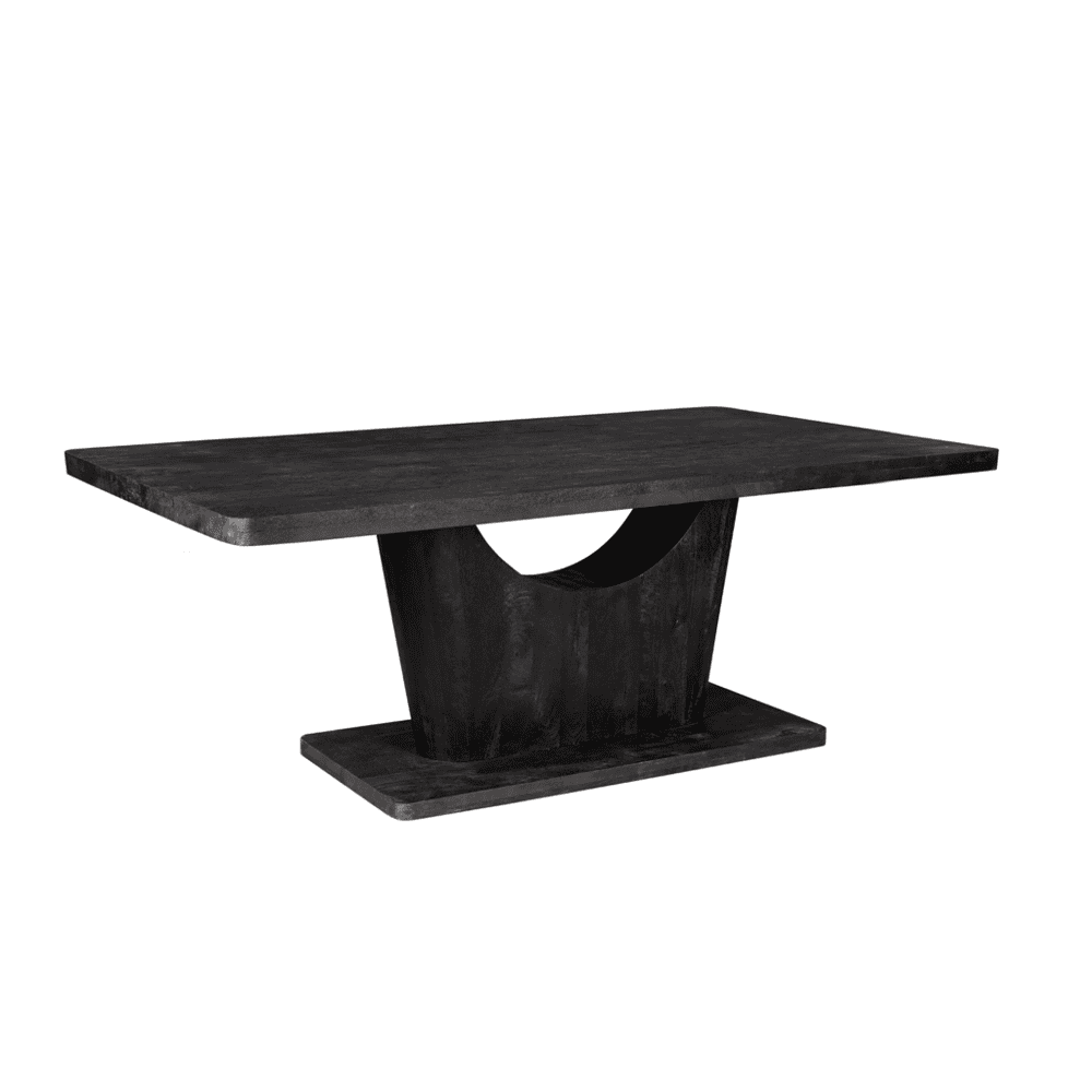Robuuste zwarte eettafel met unieke sculpturale basis, perfect voor modern interieur en eetkamers. Gemaakt van hoogwaardige materialen voor duurzaamheid en stijl.