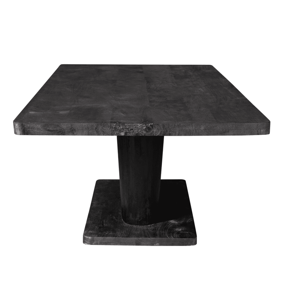 Robuuste zwarte eettafel gemaakt van massief hout, perfect voor een moderne landelijke interieurstijl. Elegant design met stevige basis, ideaal voor gezellige diners en familieaangelegenheden.