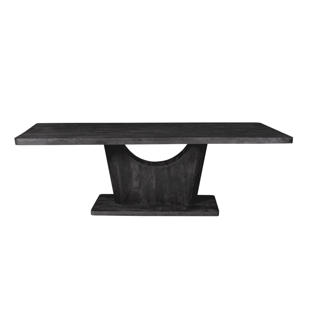 Massief eettafel van donker hout met eigentijds ontwerp, perfect voor moderne eetkamers en interieurs. Een stijlvolle en duurzame meubelkeuze voor vorm en functie.