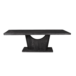 Minimalistische zwarte houten eettafel met unieke boogvormige basis, perfect voor een modern interieur en duurzame meubelopties van Mokana Meubelen.