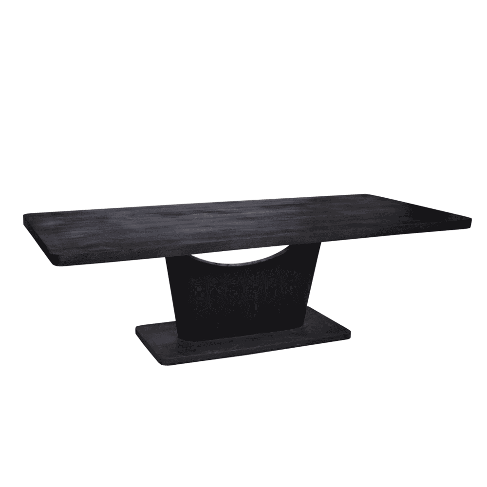 Eettafel van zwart hout met een uniek, modern design en stevige basis, ideaal voor een eigentijds interieur en elegant eethoek.