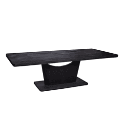 Eettafel van zwart hout met een uniek, modern design en stevige basis, ideaal voor een eigentijds interieur en elegant eethoek.