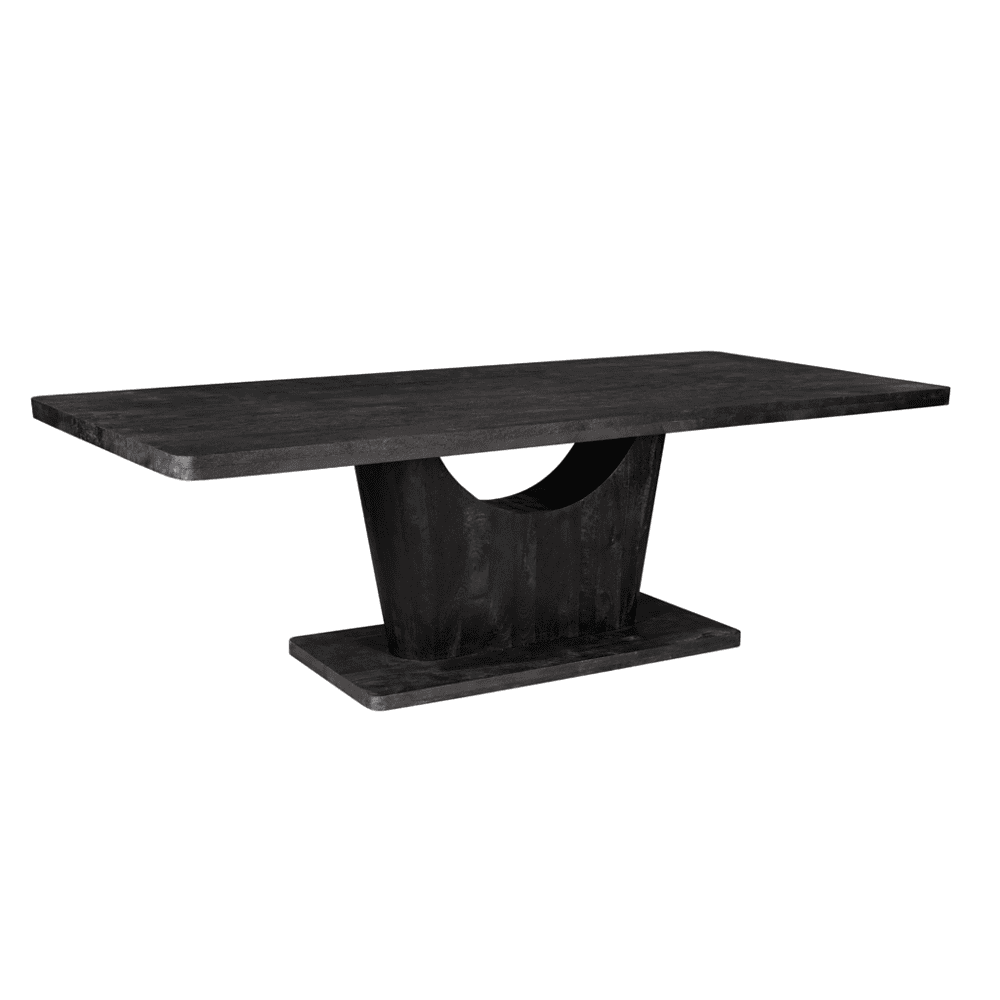 Donkere houten eettafel met uniek, modern design en stevige basis, perfect voor een stijlvol interieur en comfortabel dineren.