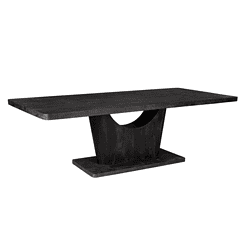 Donkere houten eettafel met uniek, modern design en stevige basis, perfect voor een stijlvol interieur en comfortabel dineren.