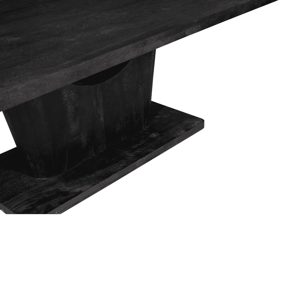 Strak zwarte houten eettafel met robuuste onderstel, modern en stijlvol design, perfect voor een eigentijdse eetkamer, gemaakt van massief hout met een elegant afwerking.