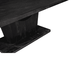 Strak zwarte houten eettafel met robuuste onderstel, modern en stijlvol design, perfect voor een eigentijdse eetkamer, gemaakt van massief hout met een elegant afwerking.