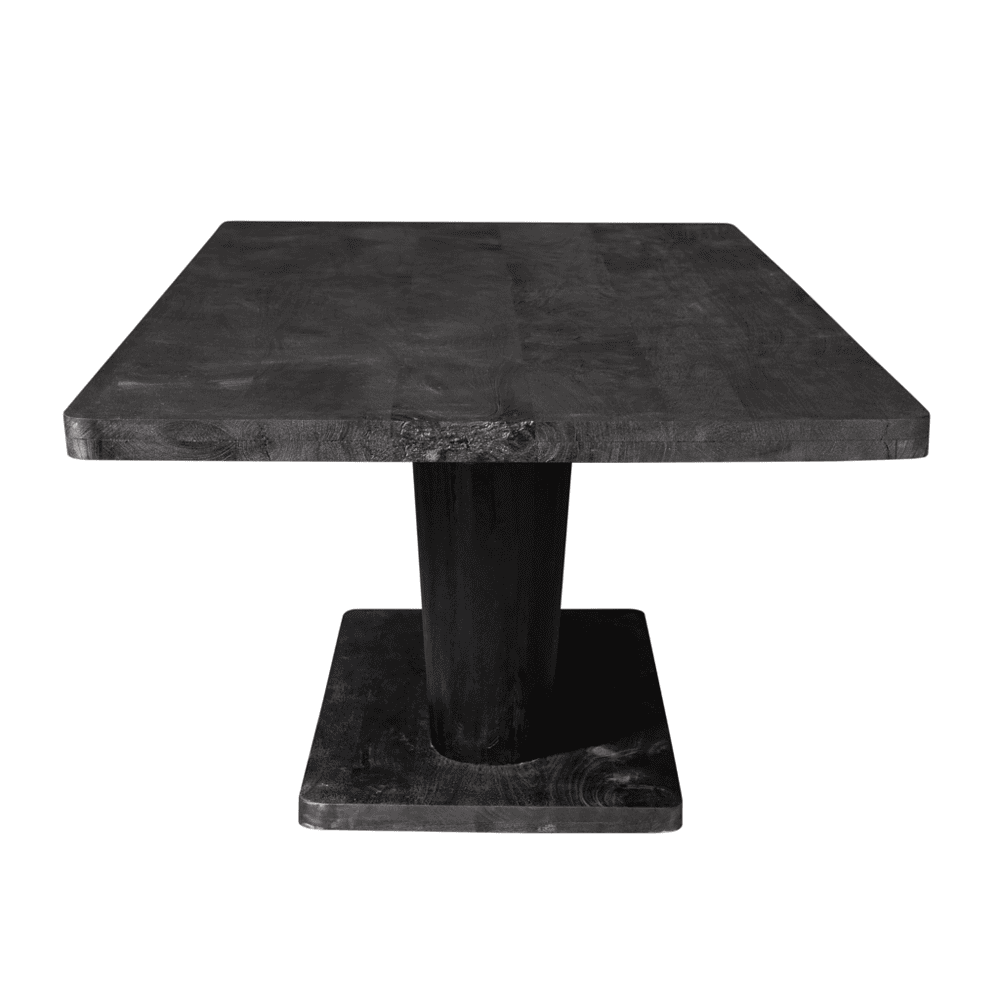 Rustieke zwarte hardhouten eettafel met stoer design en robuuste basis, perfect voor een moderne eetkamer of woonkeuken. Handgemaakt van massief gerecycled hout, uniek en duurzaam meubelstuk.
