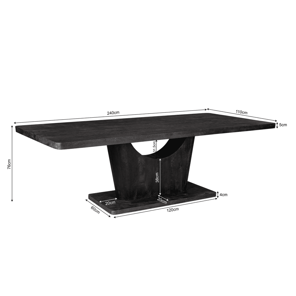 Uniek donkerhouten eettafel met modern design, stevige constructie en afmetingen 240x110x76 cm, perfect voor elegante eetkamers en maatwerk interieur.