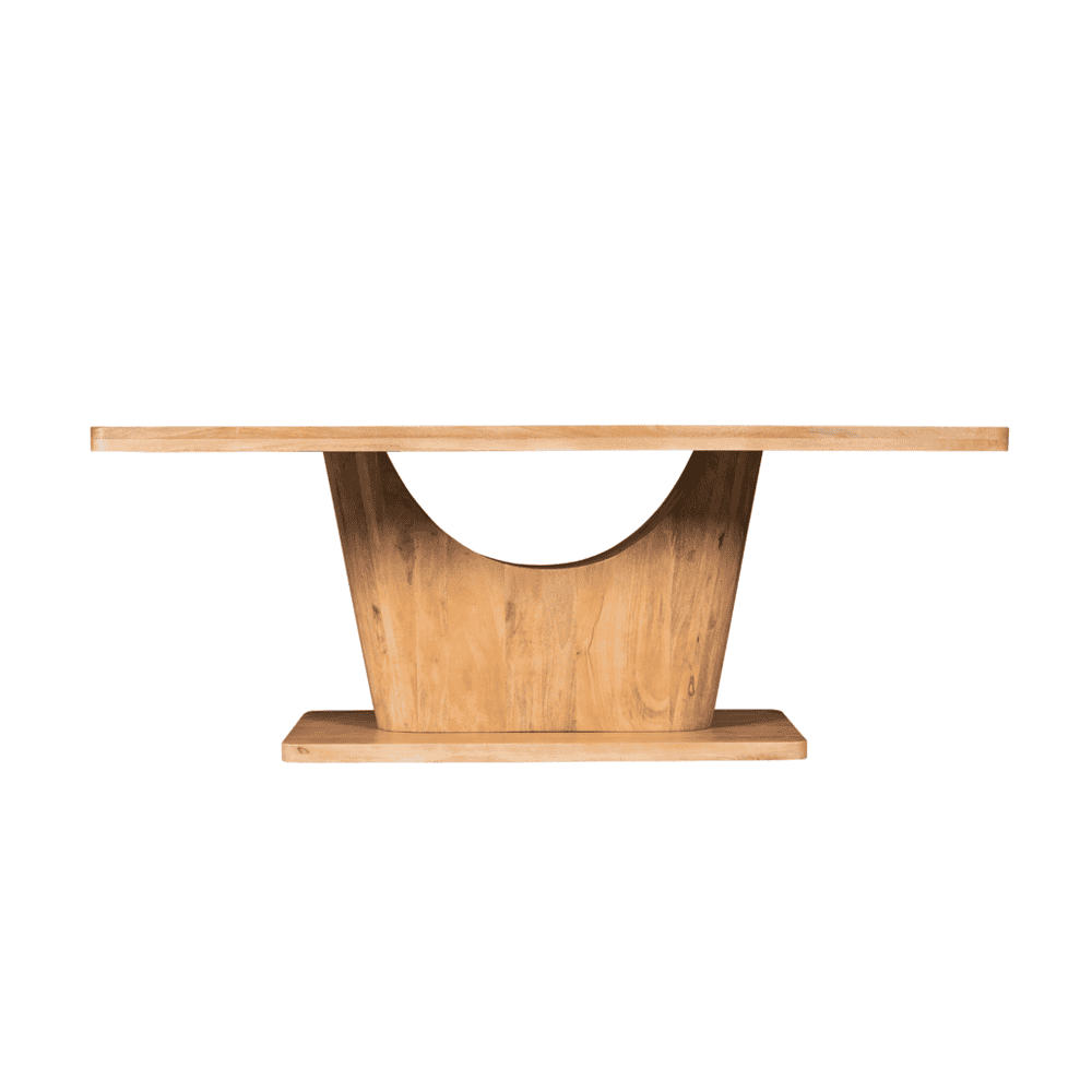 Moderne houten eettafel met uniek boogdesign, gemaakt van massief hout voor een natuurlijke uitstraling en duurzame kwaliteit, perfect voor in elke eetkamer.