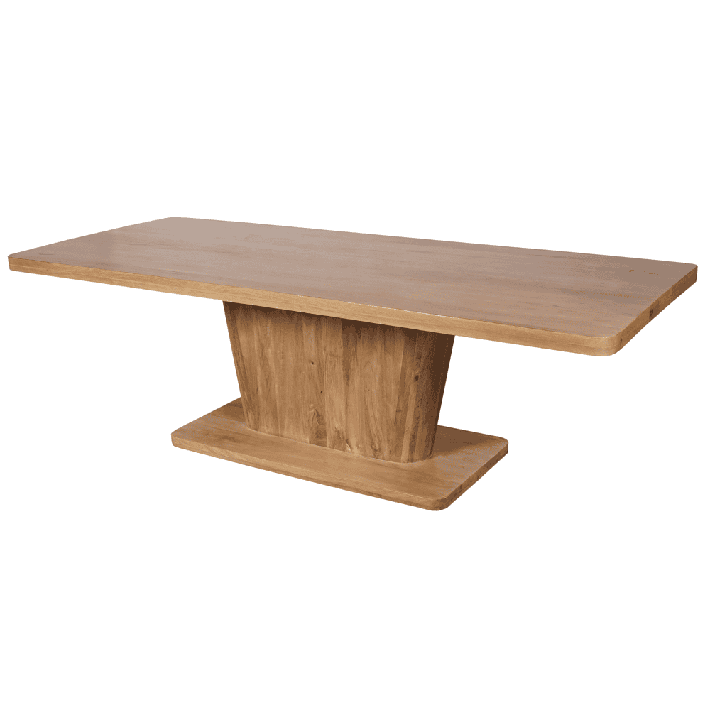 Strak houten eettafel met uniek sculpturaal onderstel, vervaardigd uit massief hout, perfect voor een modern en warm interieur.