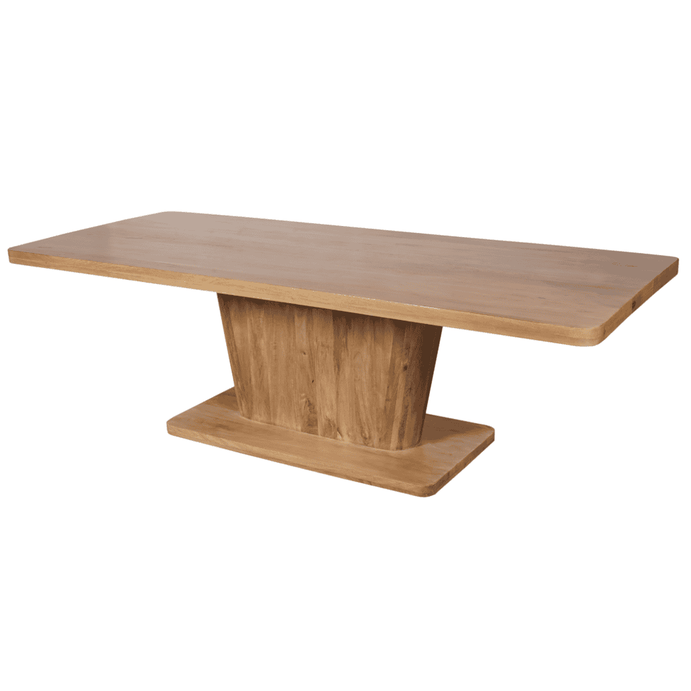 Modern eettafel van massief hout met uniek ontwerp, geschikt voor landelijke of moderne interieurstijlen. Robuuste en stijlvolle houten meubel. Perfect voor eetkamers en eetruimtes.