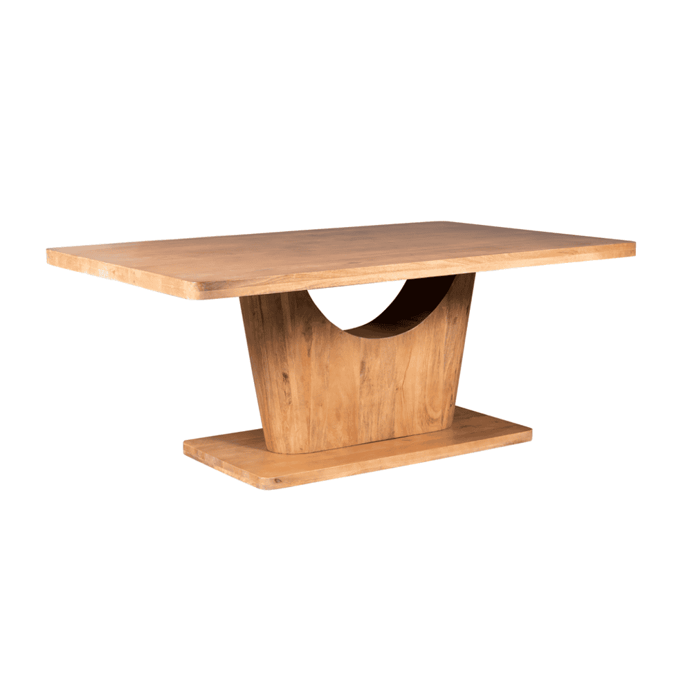 Elegante houten eettafel met uniek design en stevige constructie, perfect voor moderne en landelijke interieurs. Ideaal voor gezellige diners en grote gezelschappen. Mokana Meubelen biedt maatwerk en kwaliteit.