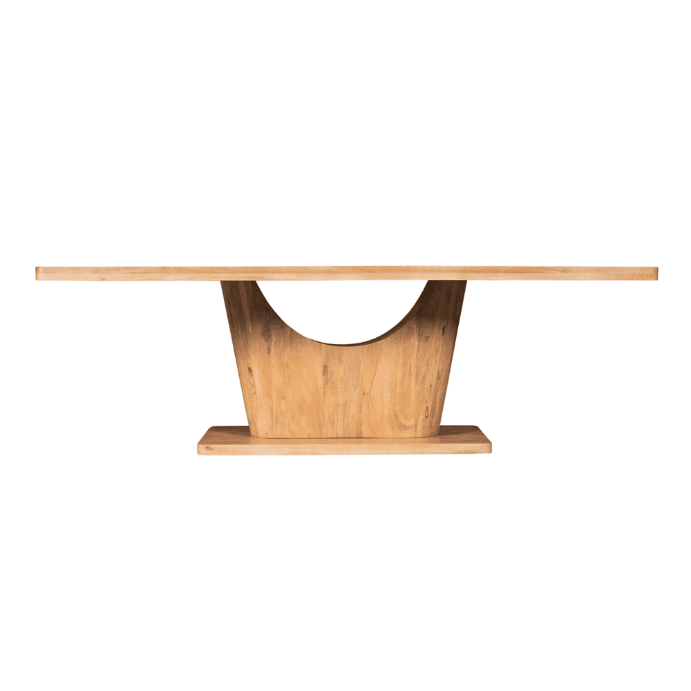 Natuurhouten eettafel met unieke houten poot en zwart metalen detail, modern design en ambachtelijk vakmanschap voor een stijlvolle eetkamer.