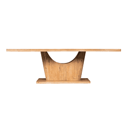 Natuurhouten eettafel met unieke houten poot en zwart metalen detail, modern design en ambachtelijk vakmanschap voor een stijlvolle eetkamer.