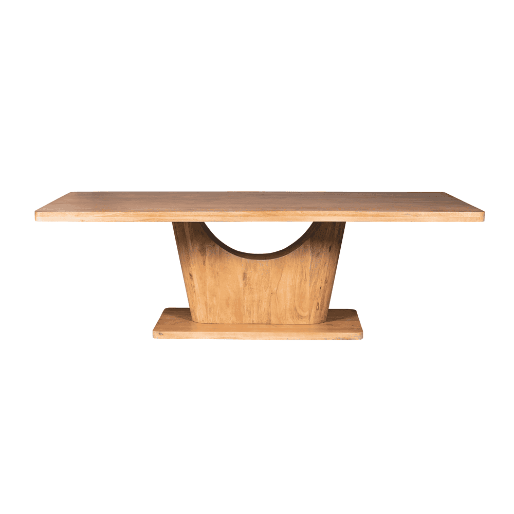 Eikenhouten eettafel met uniek half-cirkel ontwerp en strakke zwarte metalen details, perfect voor een moderne en natuurlijke eetruimte.