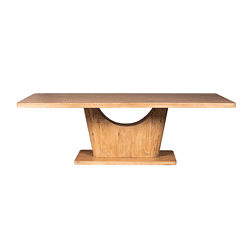 Eikenhouten eettafel met uniek half-cirkel ontwerp en strakke zwarte metalen details, perfect voor een moderne en natuurlijke eetruimte.