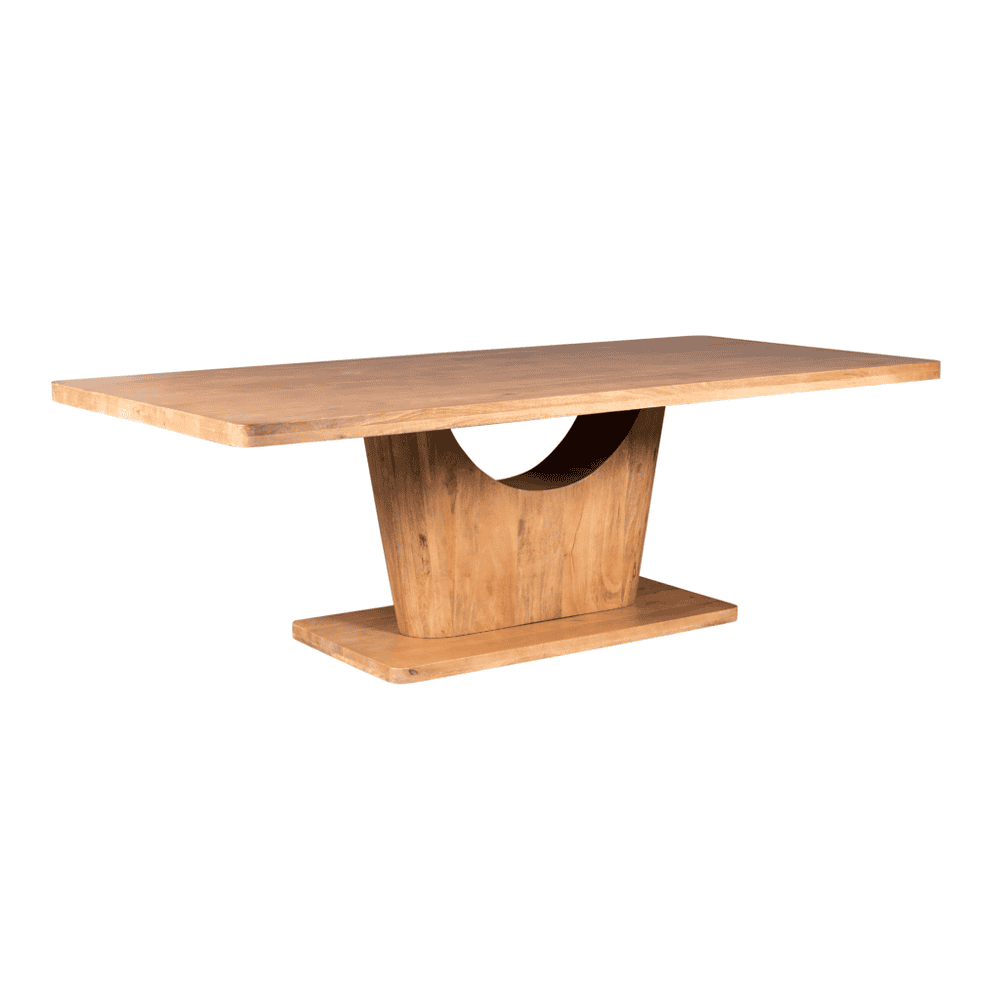 Luxe houten eettafel met uniek sculpturaal onderstel, handgemaakt van warm eikenhout voor een stijlvolle en natuurlijke uitstraling. Perfect voor moderne en landelijke interieurstijlen.