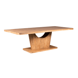 Luxe houten eettafel met uniek sculpturaal onderstel, handgemaakt van warm eikenhout voor een stijlvolle en natuurlijke uitstraling. Perfect voor moderne en landelijke interieurstijlen.