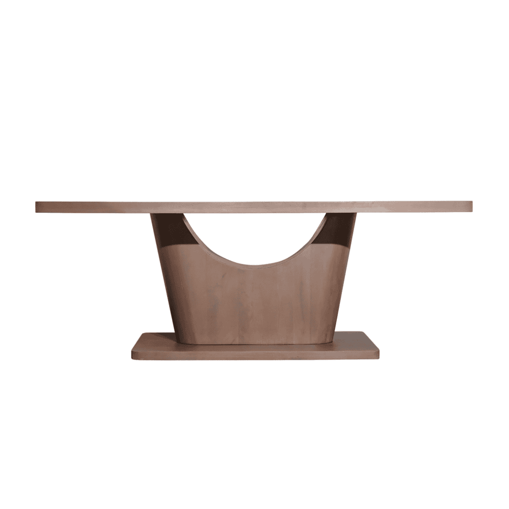 Strak houten eettafel met cirkelvormige basis, design meubel uit de collectie van Mokana Meubelen, perfect voor moderne eetkamers en interieurstyling, vervaardigd uit hoogwaardig hout.
