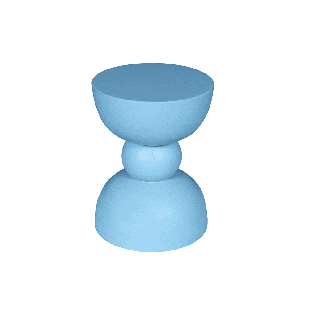 Modern blauw houten bijzettafel met uniek sculpturaal ontwerp, perfect voor een eigentijdse woonkamer of tuininterieur.