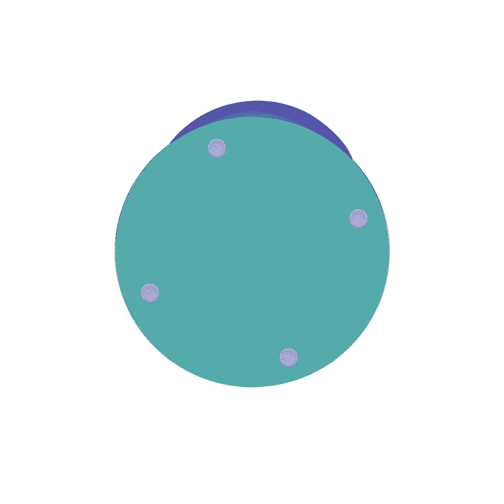 Vooraanzicht van een rond, lichtblauw tafelblad met antislipvoetjes.